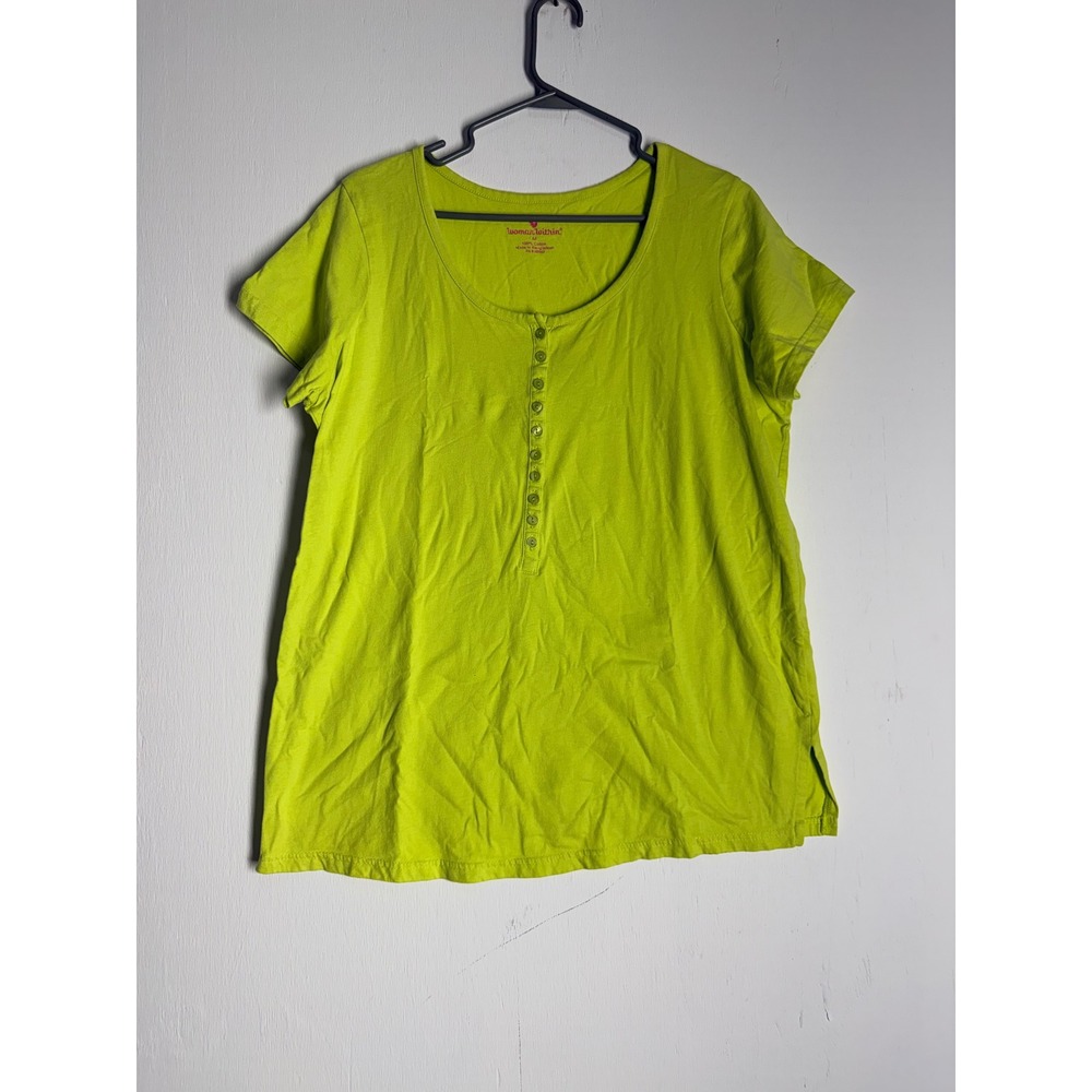 Woman Within Lime Green Cotton Henley Short Sleeve Tee Shirt Size M 14/16